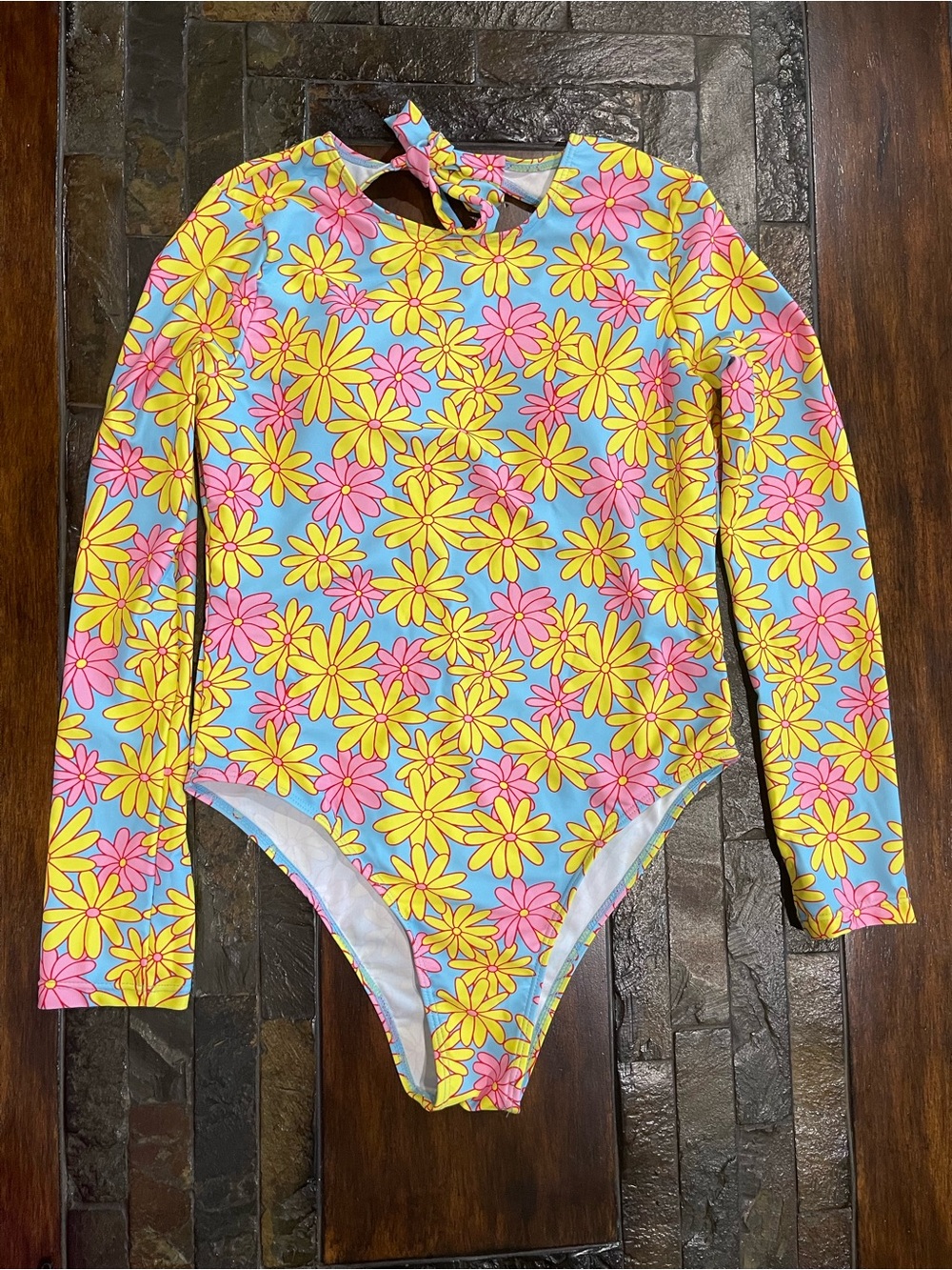 Daisy Print Long-Sleeve Rash Guard One-Piece Swimsuit - Blue/Yellow/Pink - Picture 2 of 10